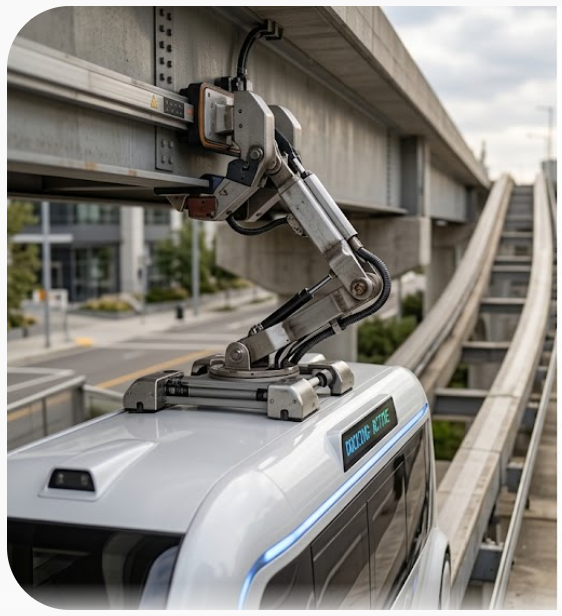 Close-up of a robotic roof coupling arm attaching an electric vehicle pod to an elevated transit track.