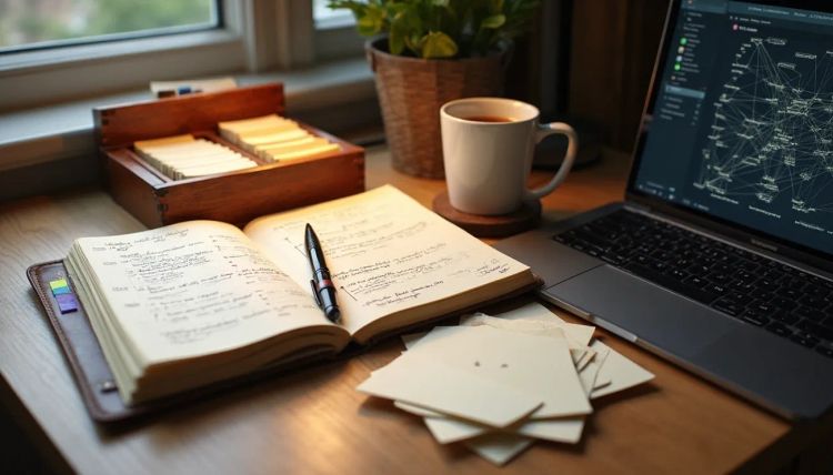 A picture of a notebook laying beside a computer showing notes. Meant to vizualise the zettelkasten system