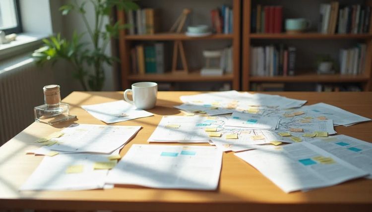 Picture of notes scattered across a table meant to visualise litterature maps