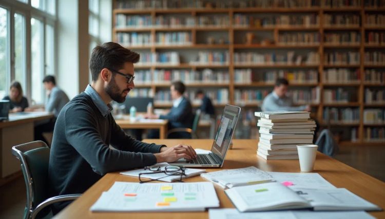 A student sitting in a library with his computer open and notes beside him. Meant to visualize the Ph.D literature review process