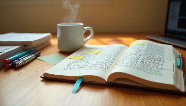 A photo of a book with highlights. Vizualisation of taking notes for academic articles