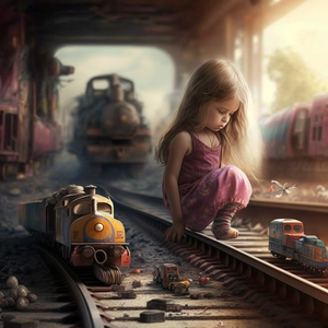 young girl playing on train tracks with toys