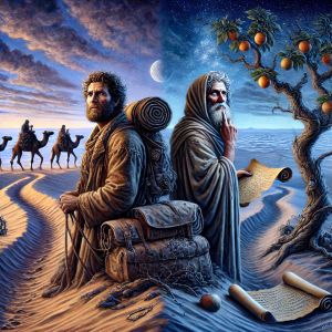 Two men on different paths in a desert landscape, one surrounded by scrolls under a tree, and the other leading a camel acros