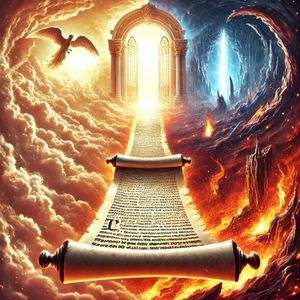 This image shows a scroll leading to the gates of heaven and a path to hell, symbolizing the final judgment and the seriousne