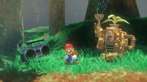 animated super mario in a forest setting