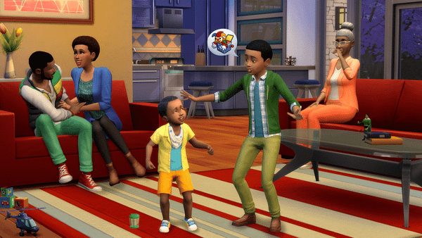 screenshot of the sims 4 game - a family of sims playing together