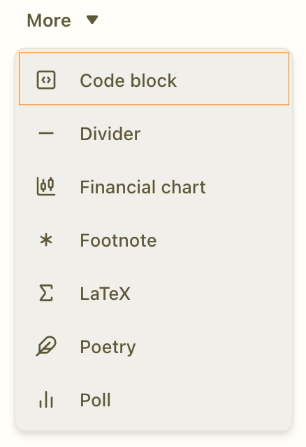 Substack's "More" formatting options dropdown list