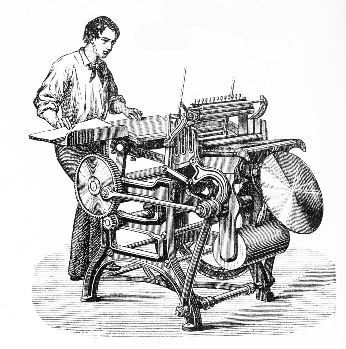 Vintage black-and-white illustration of a man operating an old-fashioned printing press with gears, rollers, and a large circular flywheel.