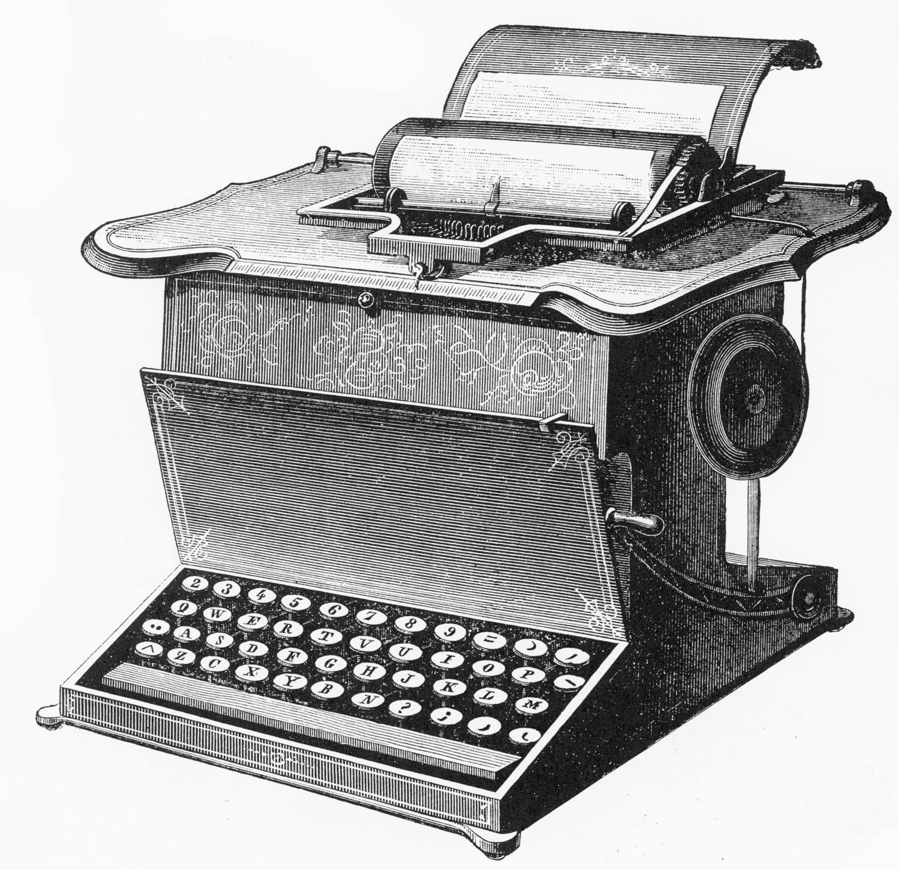 Detailed black-and-white illustration of an ornate vintage typewriter with round keys, decorative engravings, and a sheet of paper loaded.