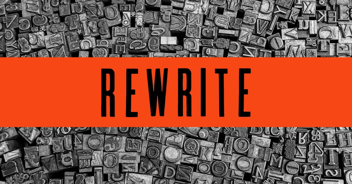 The word “REWRITE” in bold black letters over a bright orange bar, set against a background of vintage metal letterpress type blocks.
