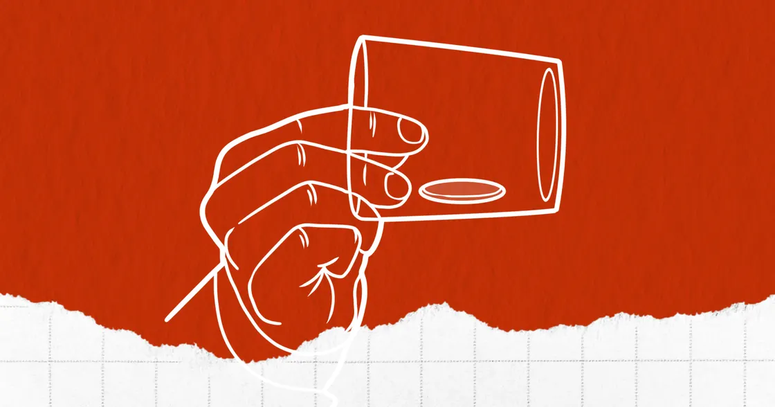 Drawing of a hand holding a glass cup and coin