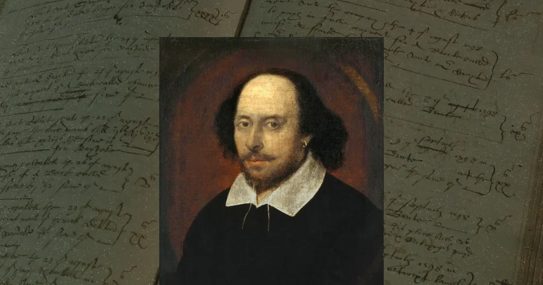 Portrait of Shakespeare against manuscript text background