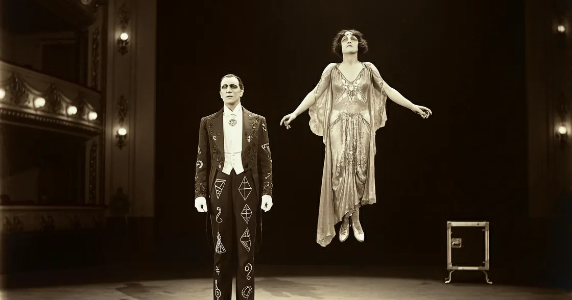 Magician on stage performing with floating woman