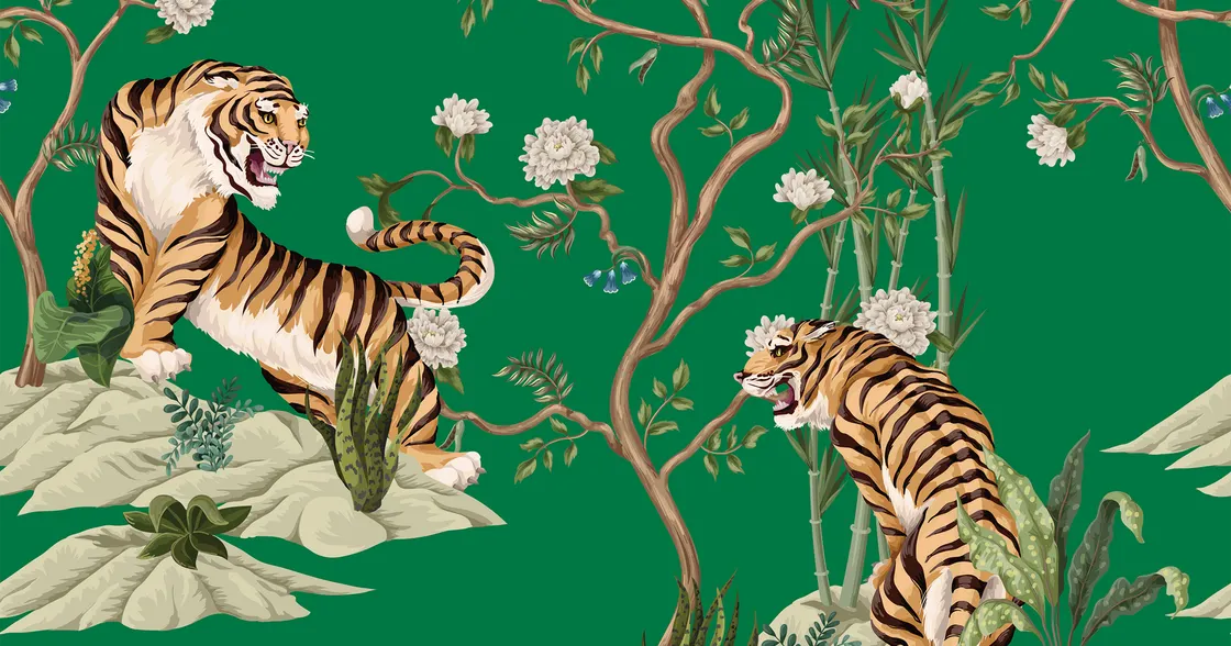 Decorative wallpaper of a tiger on green background