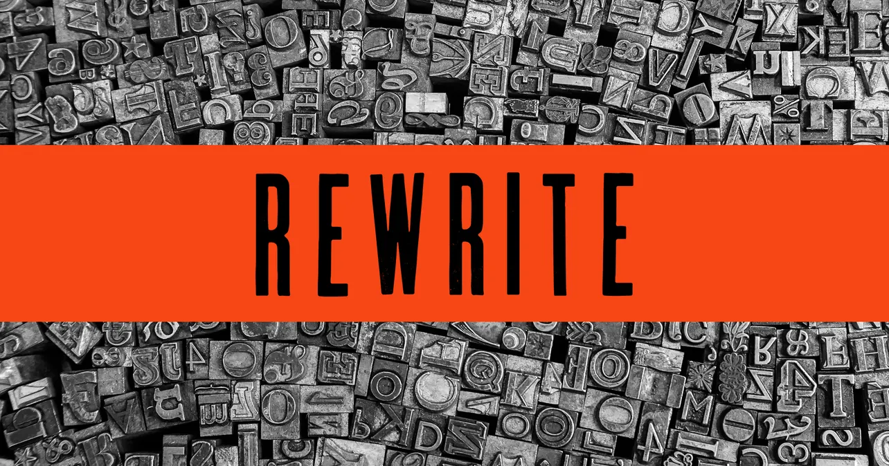 The word “REWRITE” in bold black letters over a bright orange bar, set against a background of vintage metal letterpress type blocks.