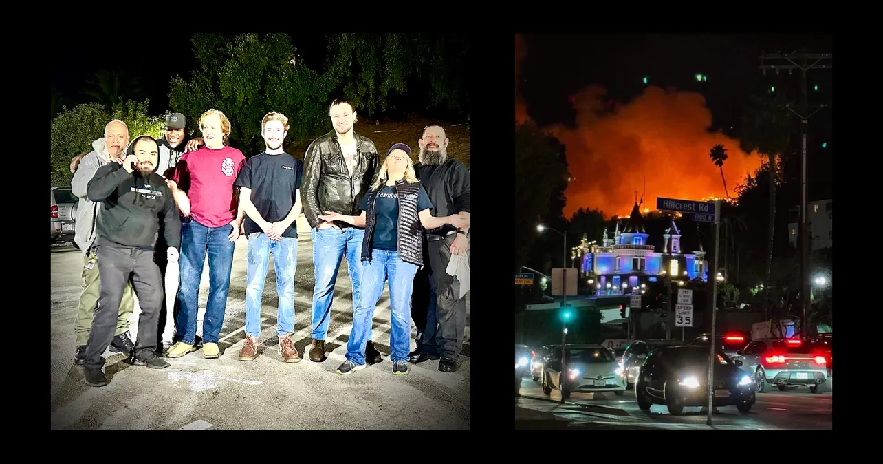 Collage of a group phoro of people and the Los Angeles fires behind The Magic Castle