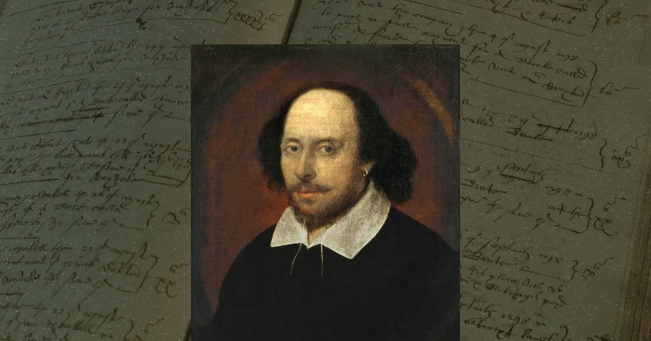 Portrait of Shakespeare against manuscript text background