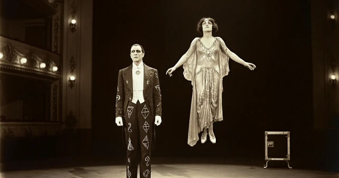 Magician on stage performing with floating woman