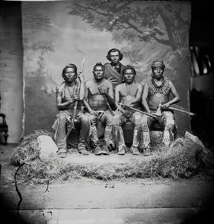 Rear: Baptise Bayhylle. Front, left to right: Raruraresarukus (Man That Left His Enemy in the Water), Raruraktawihurasaru (His Pipe Amongst Others with Great Pride), Tectasakariku (Curly Chief), Tirawahutresaru (Sky Chief).