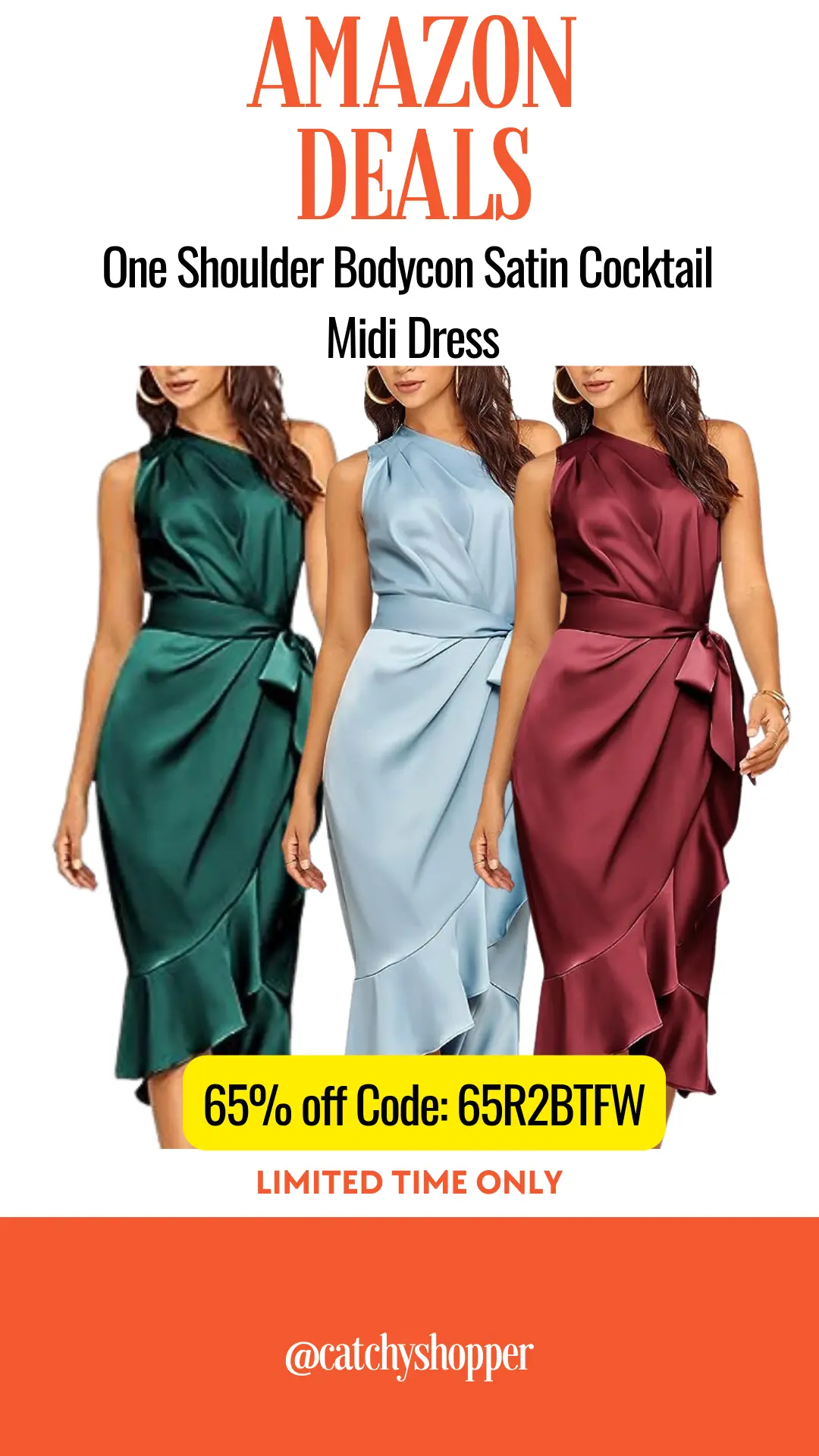 One Shoulder Bodycon Satin Cocktail Midi Dress 