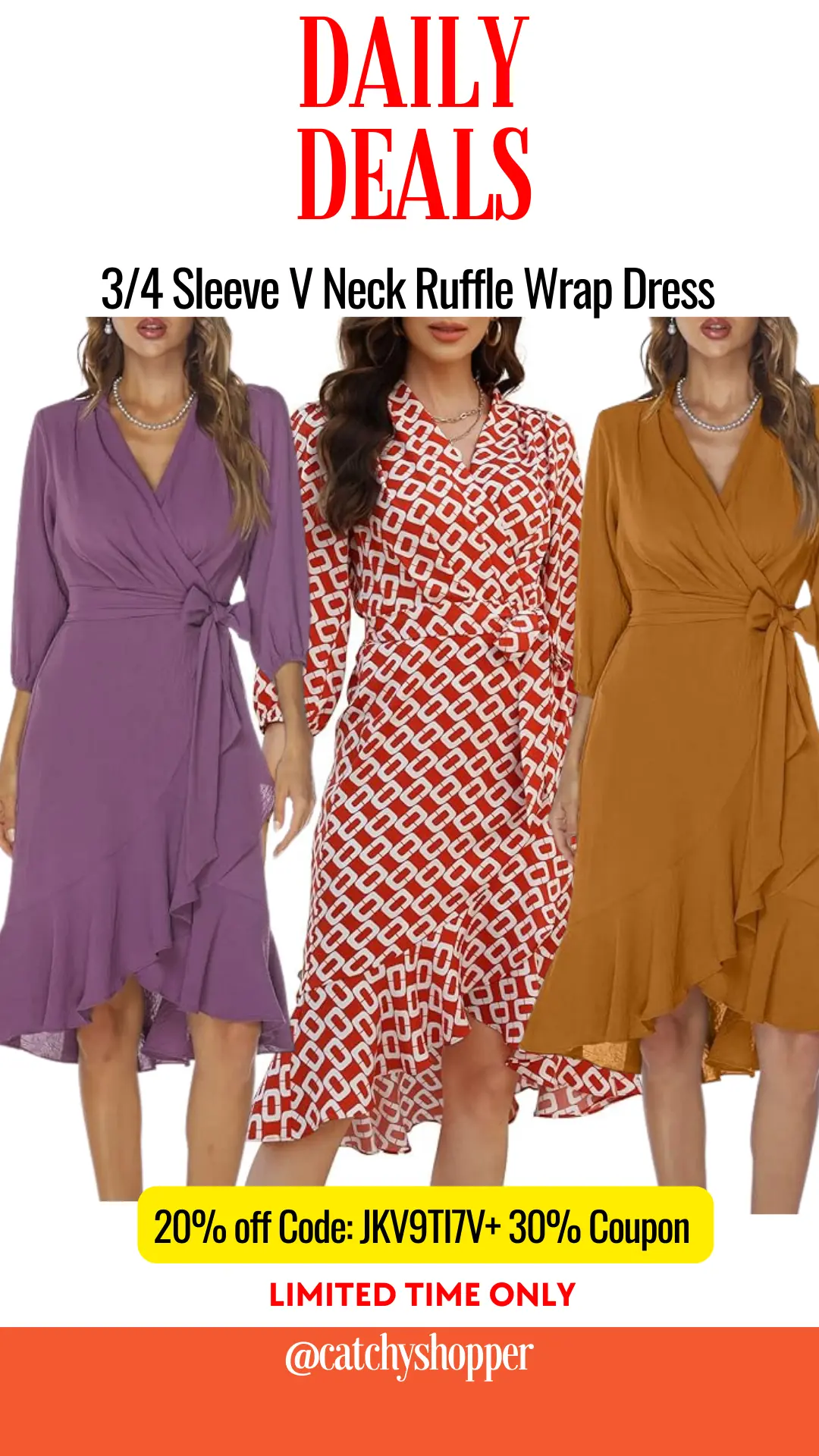 3/4 Sleeve V Neck Ruffle Wrap Dress