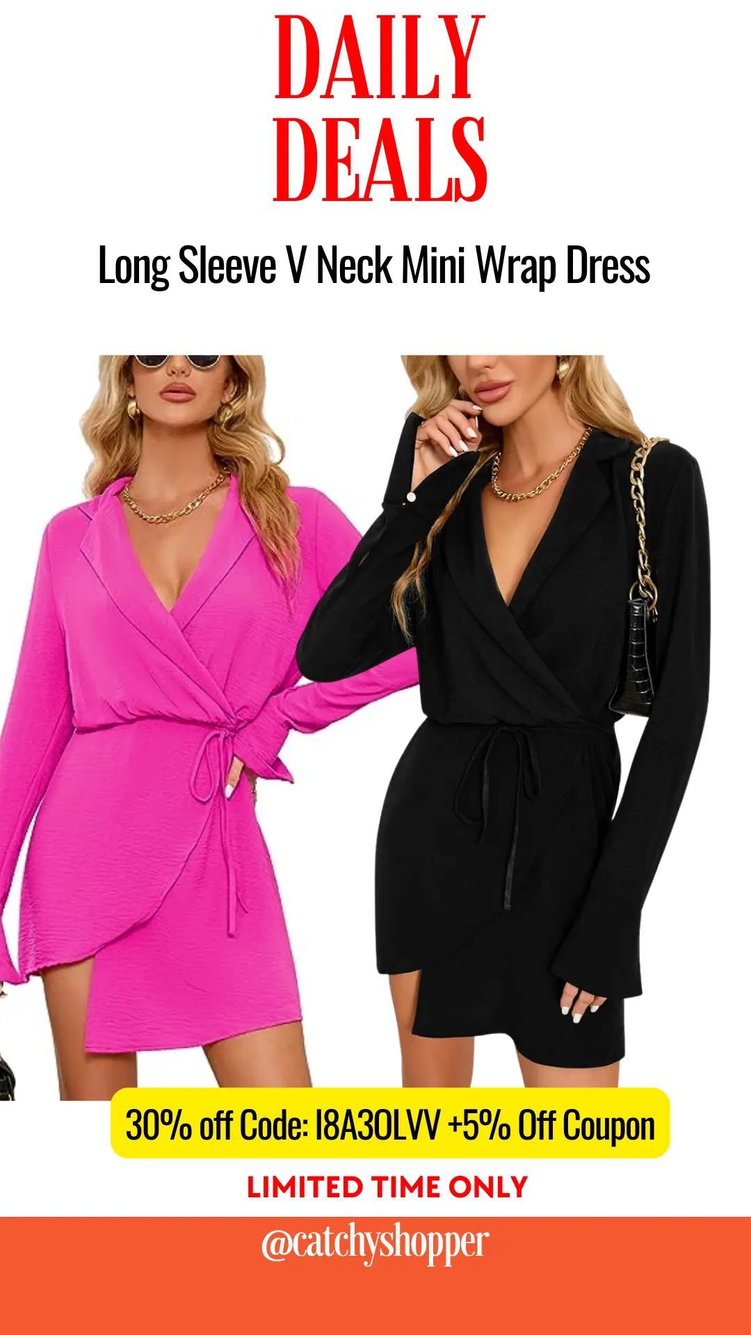 Long Sleeve V Neck Mini Wrap Dress