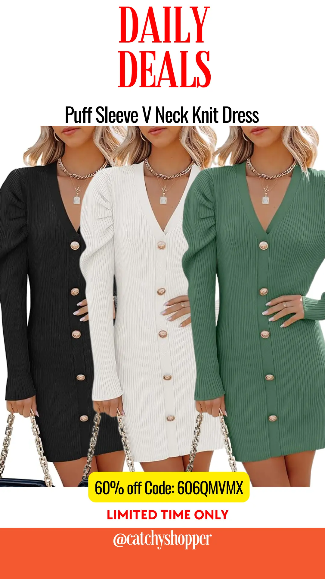 Puff Sleeve V Neck Knit Dress