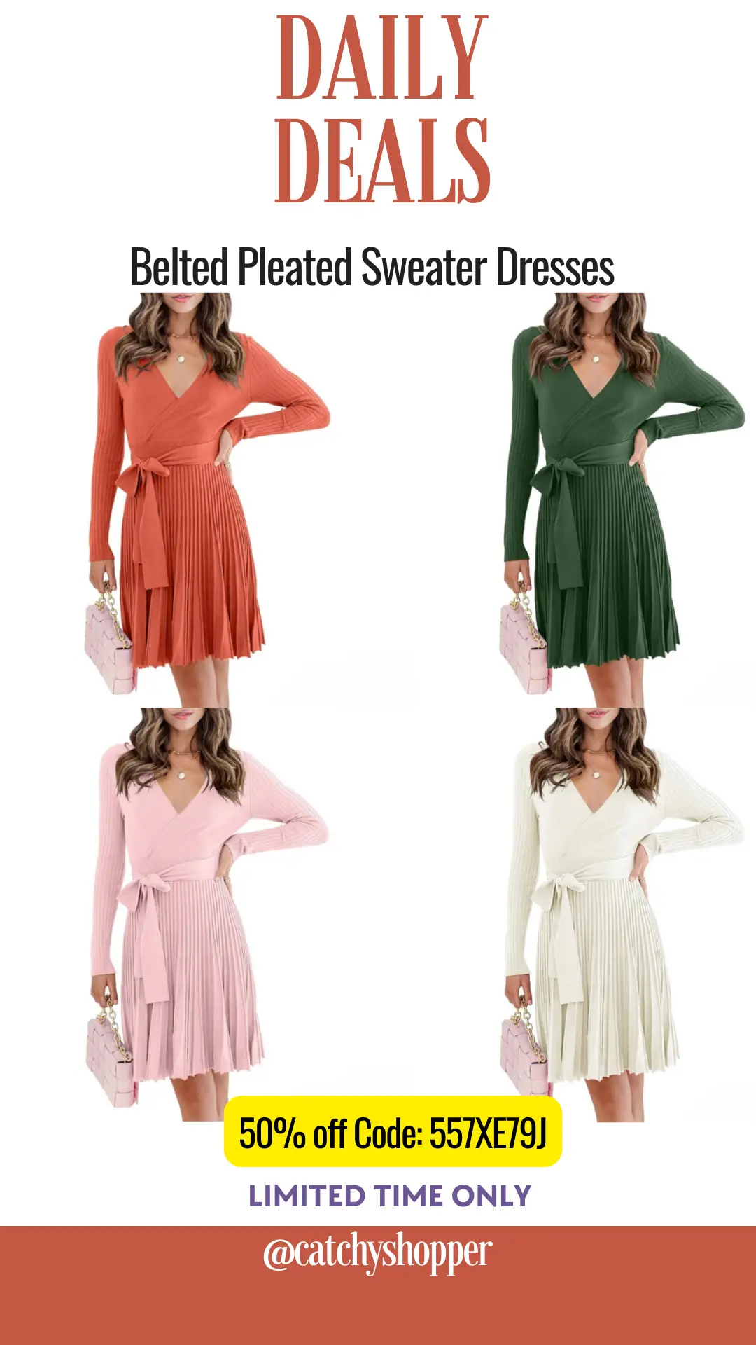 Belted Pleated Sweater Dresses 