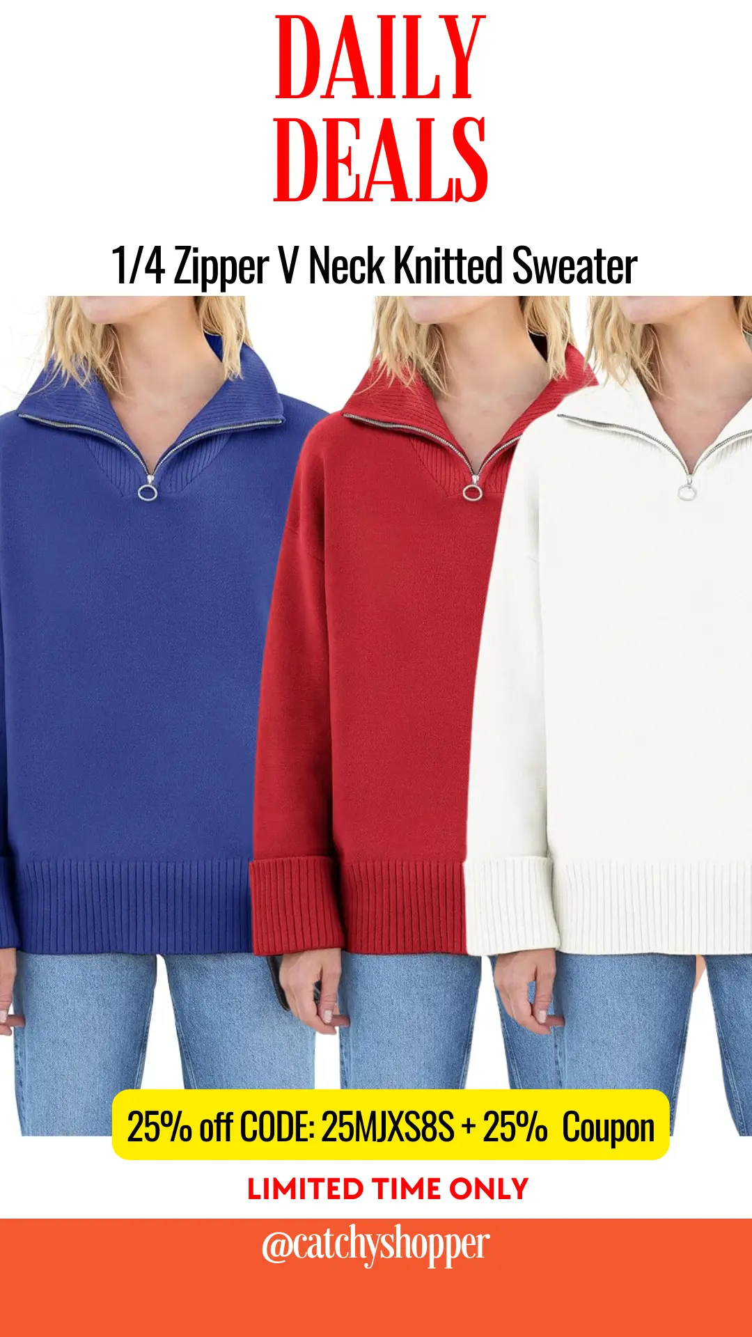 Zipper V Neck Knitted Sweater