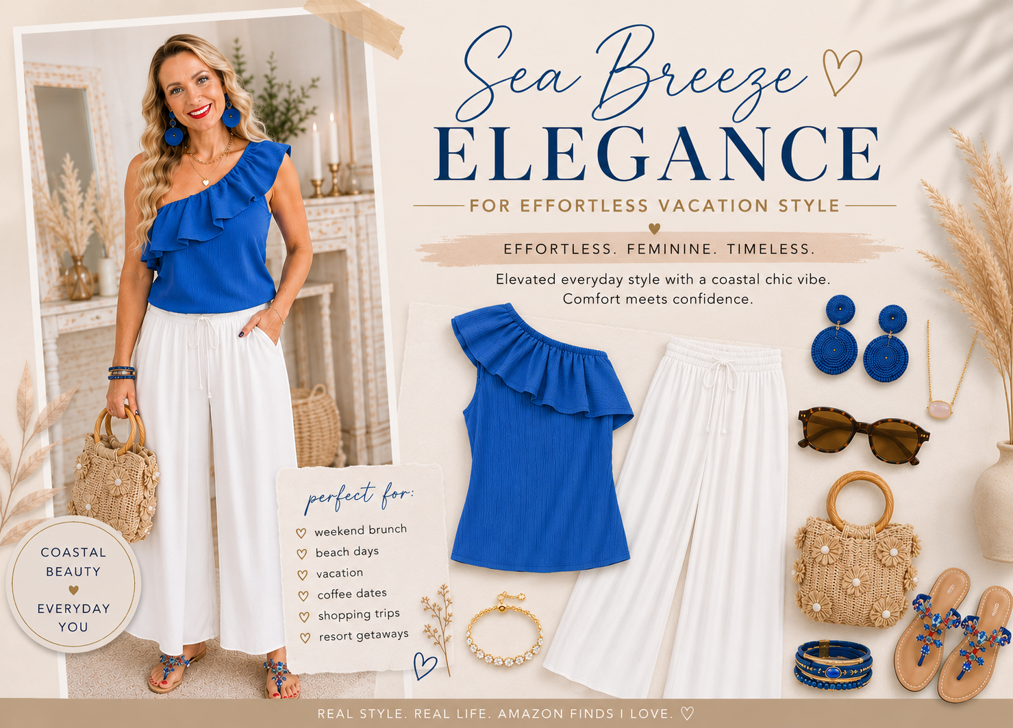 feminine coastal outfit beach vacation outfit elegant summer outfit white wide leg pants outfit coastal chic fashion