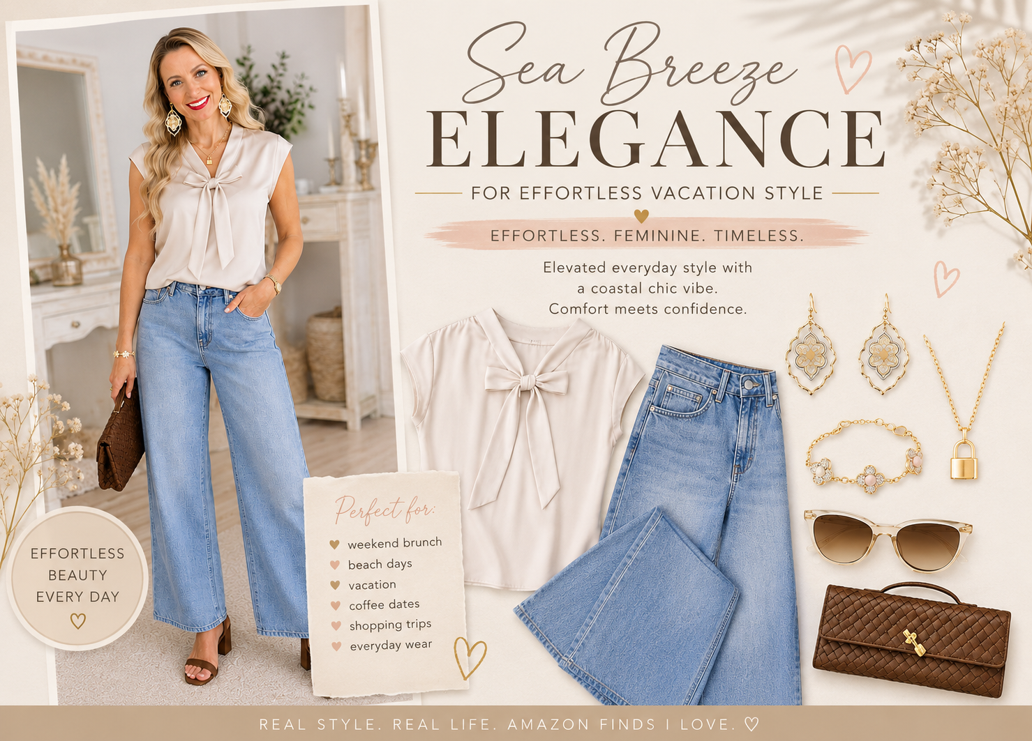 feminine coastal outfit wide leg jeans outfit elevated everyday style Amazon fashion finds brunch outfit ideas feminine spring fashion casual coastal chic style vacation outfit inspiration 