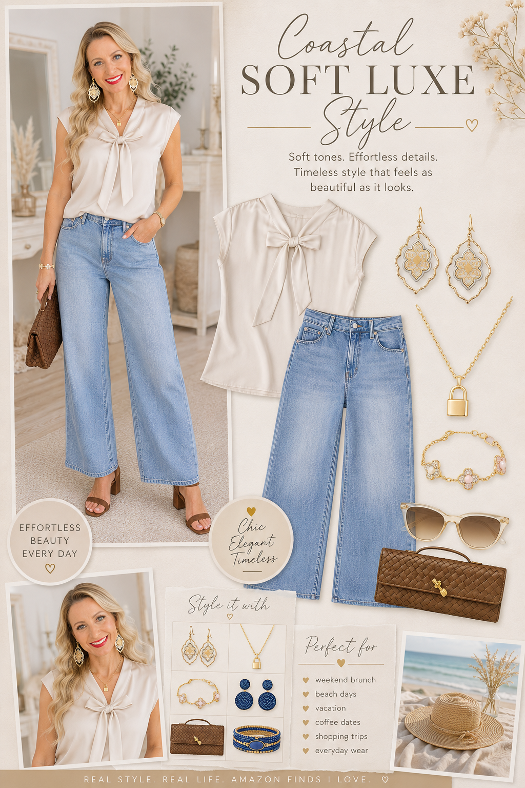 feminine coastal outfit wide leg jeans outfit elevated everyday style Amazon fashion finds brunch outfit ideas feminine spring fashion casual coastal chic style vacation outfit inspiration neutral feminine accessories effortless everyday outfits