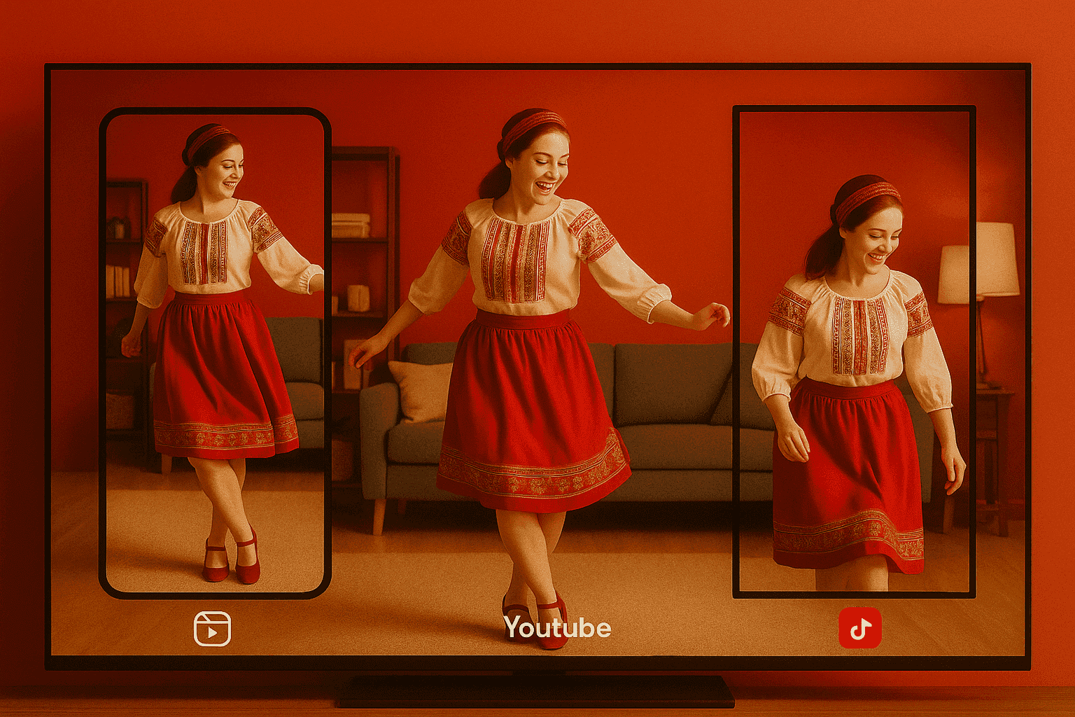 Woman in Slavic dress dances joyfully, shown in landscape format split into Reels, YouTube, and TikTok views.