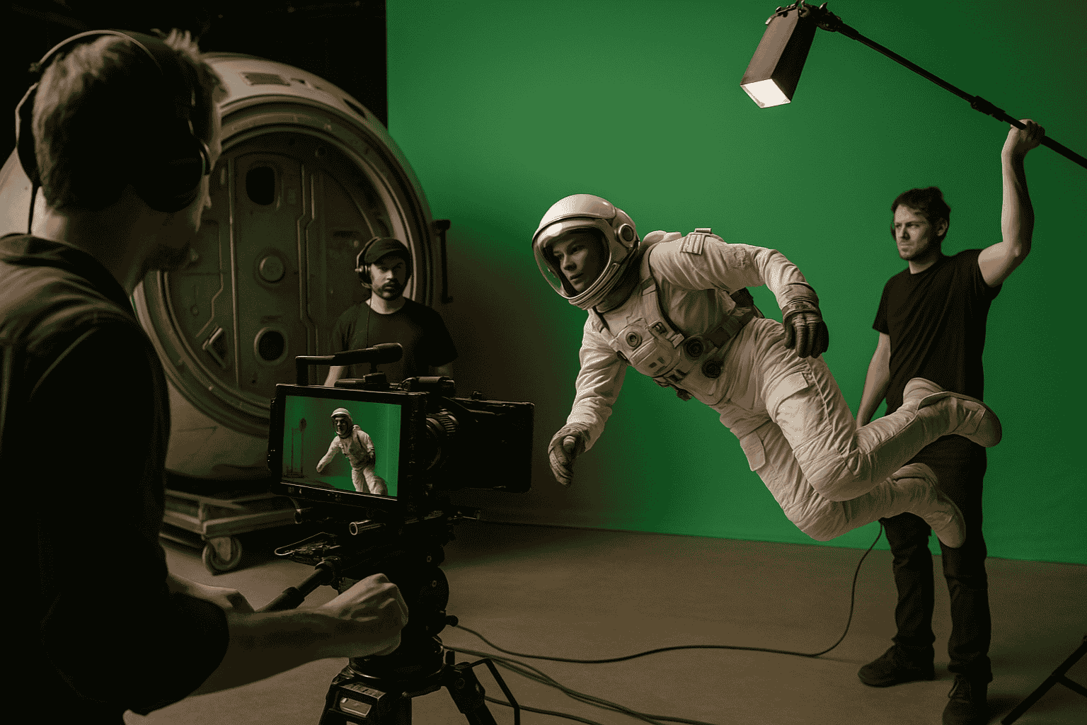 Film crew shoots actress in astronaut suit suspended in front of green screen on outer space movie set.