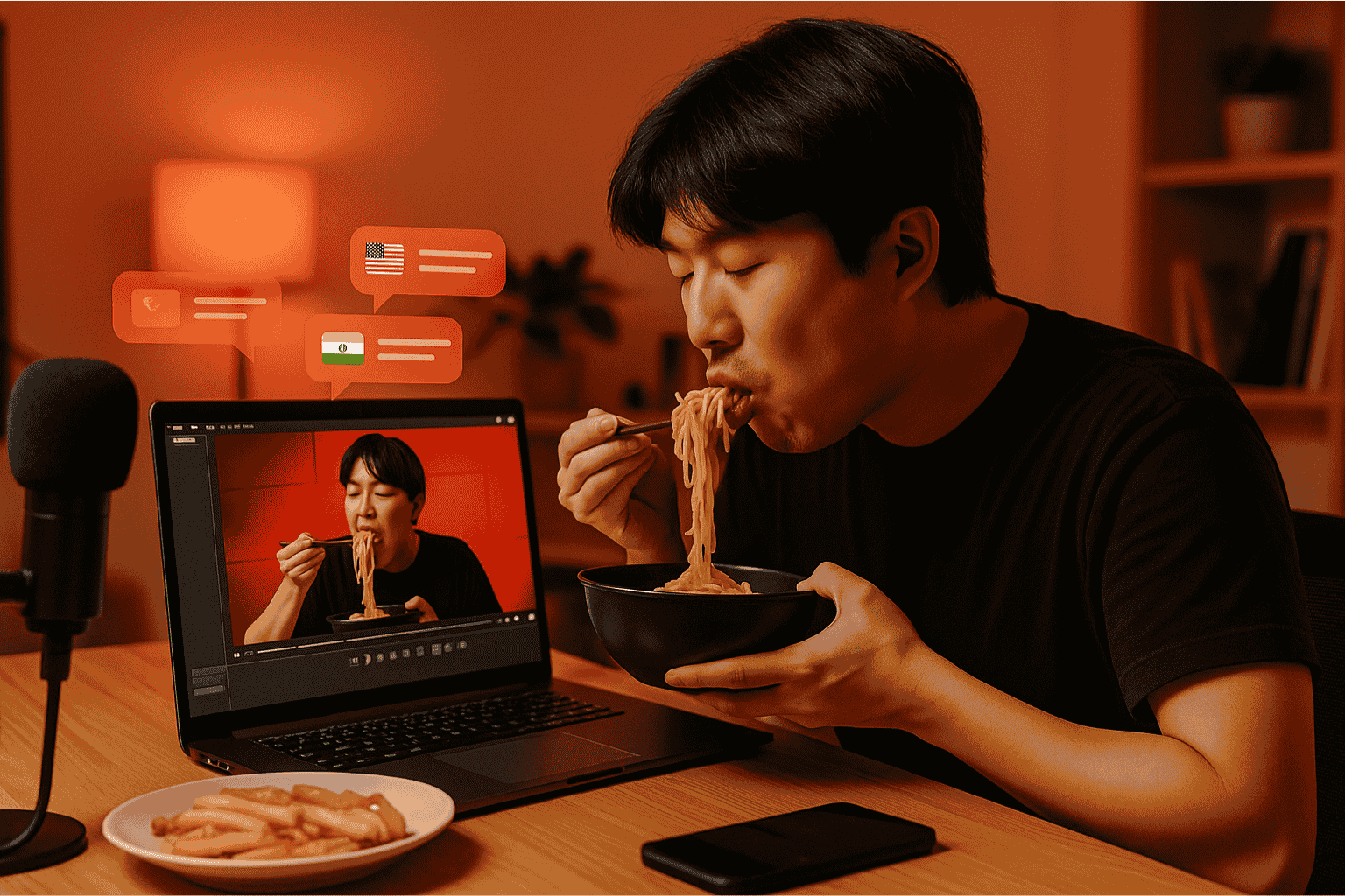 Japanese man eats noodles in home studio while his laptop shows video translation bubbles with 3 country flags.