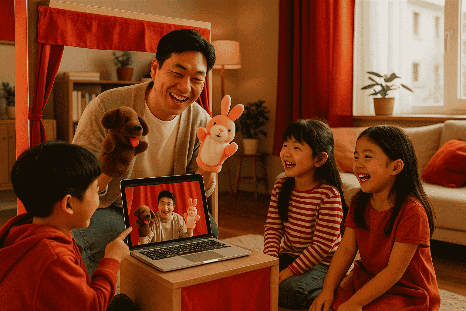 Korean man performs animal puppet show for three smiling Korean children in a cozy living room.