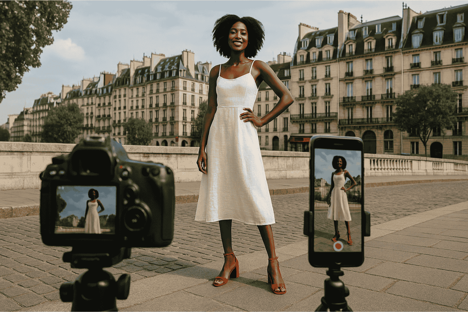 Black woman in white dress and red sandals poses on Pont Neuf as DSLR and phone film from ground-level.