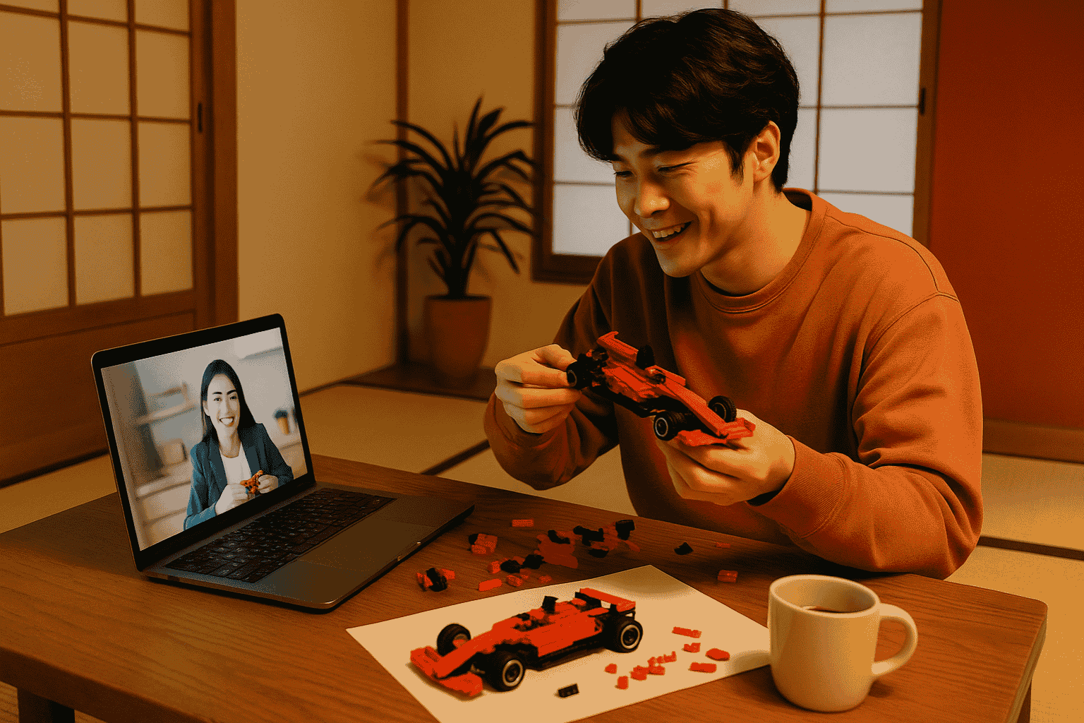 Japanese man assembles red F1 Lego on table in warm-lit modern Japanese room, smiling at laptop tutorial.