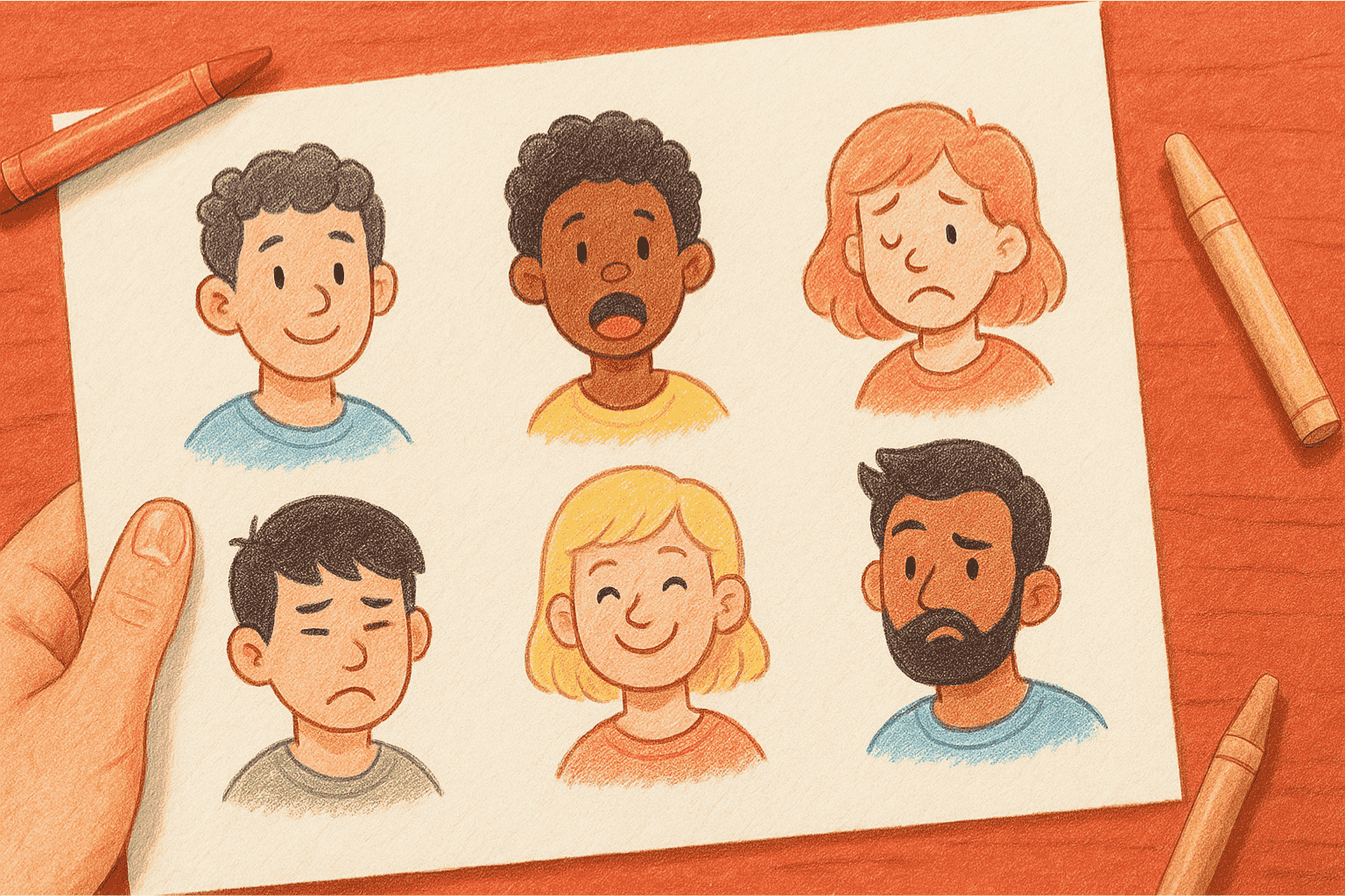 Six hand-drawn diverse cartoon avatars with different emotions on paper resting on a red-toned wooden table.
