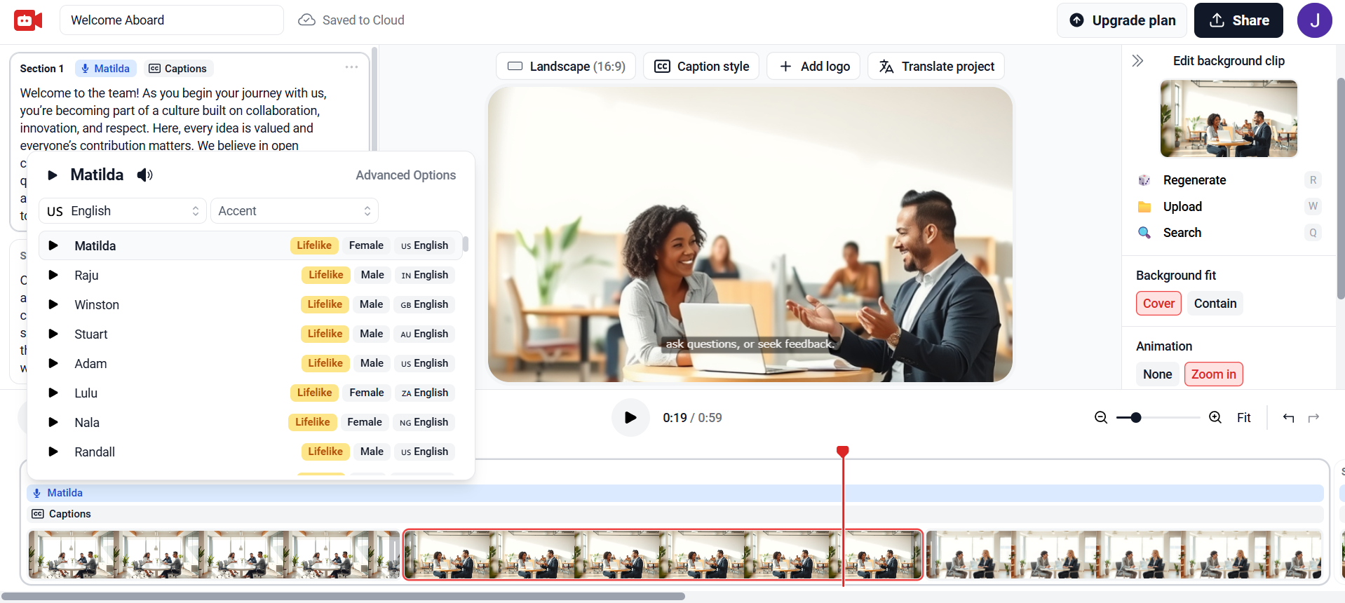 The VideoGen interface showing different choices in AI narrator and options in background clips.
