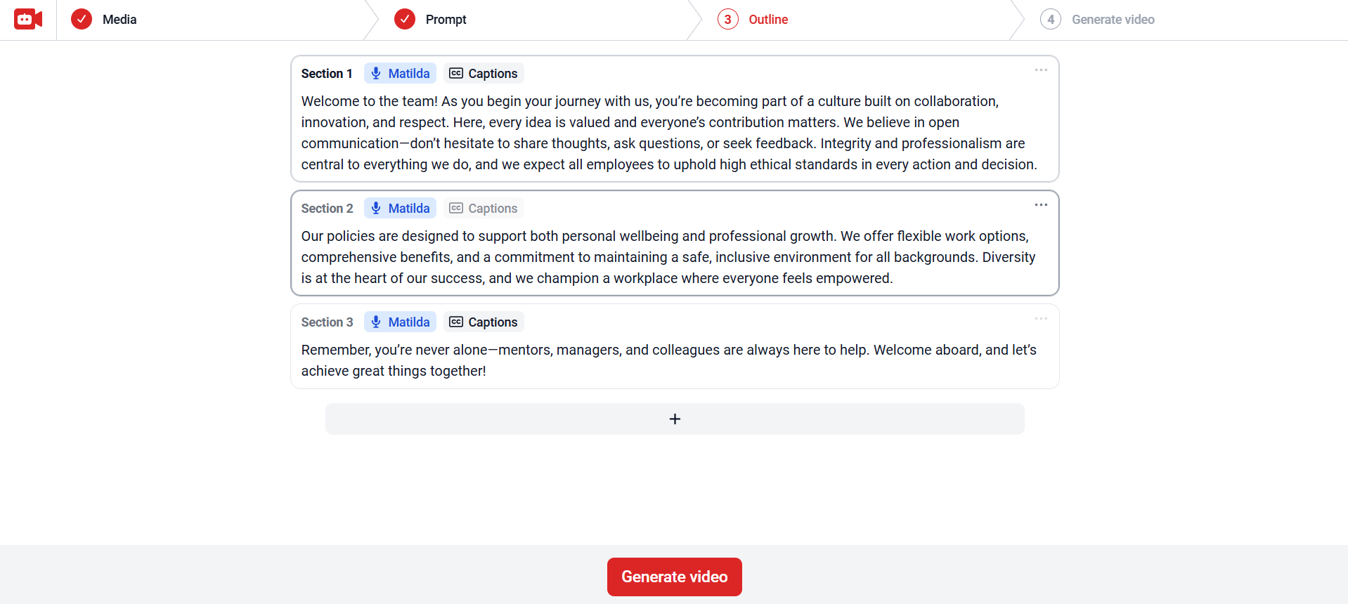 VideoGen interface showing three different sections of a script.