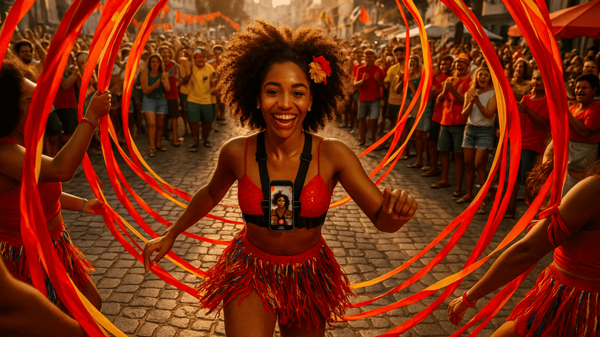 Brazilian girl samba-dances through ribbon dancers during Carnival in Salvador, live-streaming with a chest rig amid a colorful, cheering crowd.