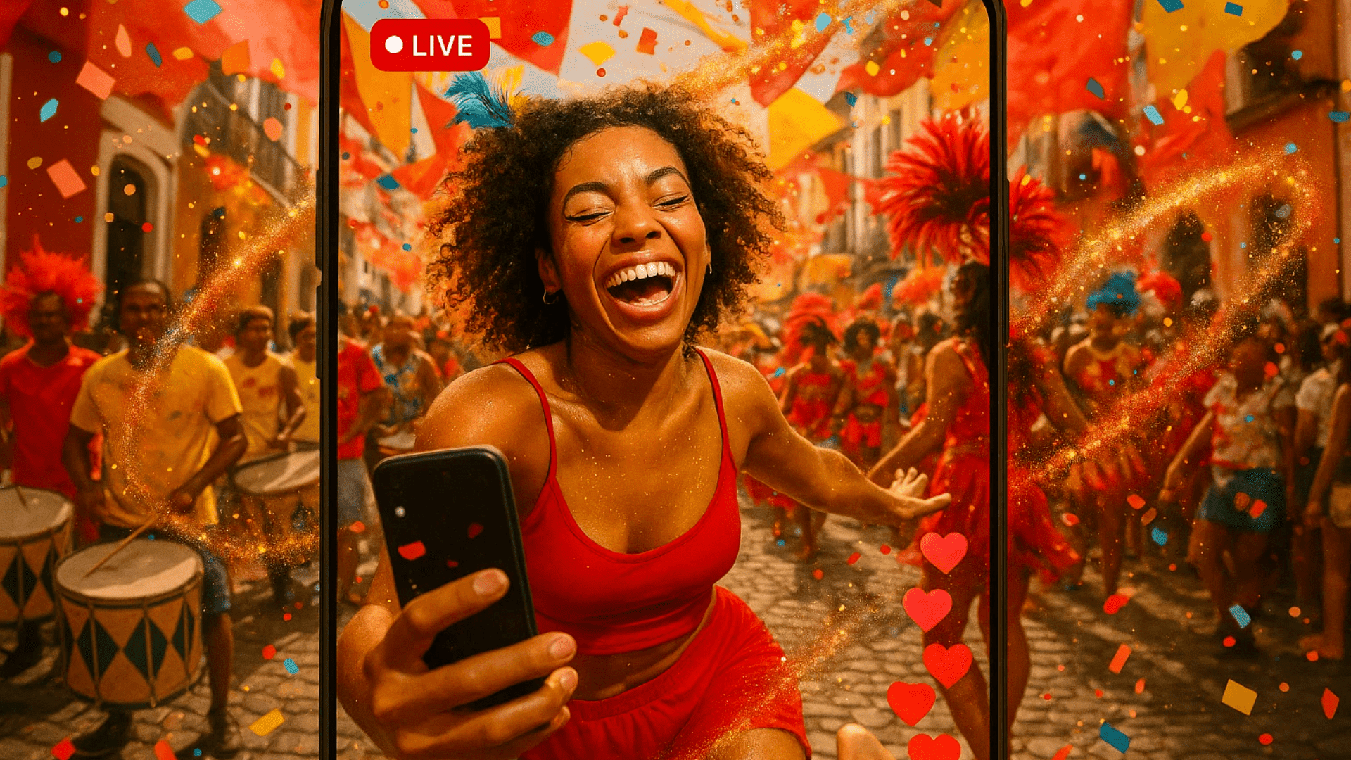 A woman going live in the streets of Salvador during Carnival.