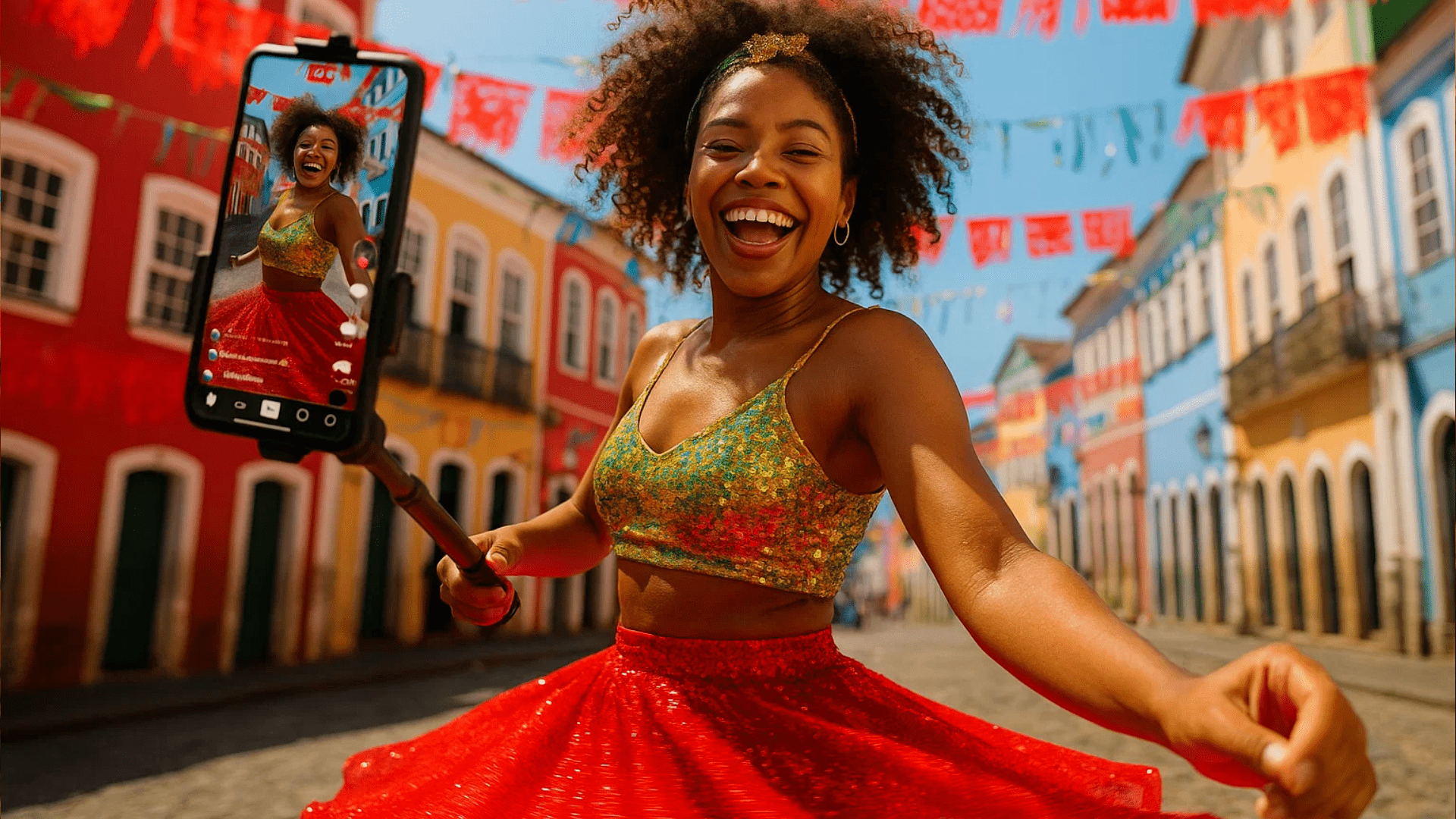 Brazilian girl twirls in a sequined outfit during Carnival in Pelourinho, live-streaming her samba on TikTok amid colorful colonial streets.