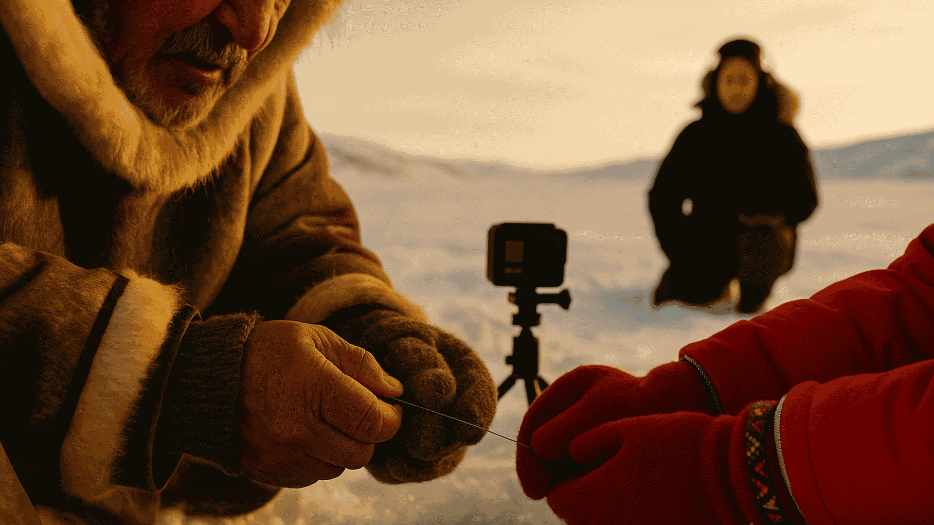 Close-up of Inuit elder and child ice fishing with GoPro camera in foreground and crew member behind.