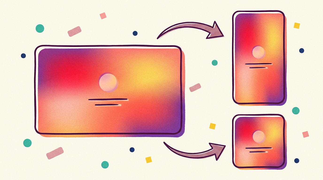 Risograph-style illustration of a wide 16:9 video frame reshaping into a vertical 9:16 frame and a square 1:1 frame.