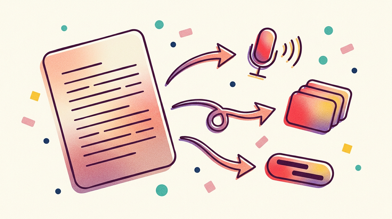 Risograph-style illustration of a script page with three arrows flowing to a microphone, a stack of b-roll frames, and a caption bar.