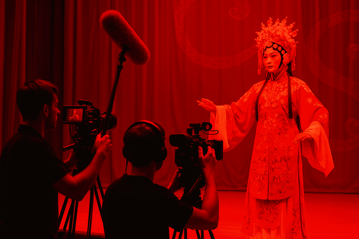 Camera crew films a Chinese opera performer in ornate red costume on a stage lit in deep red.