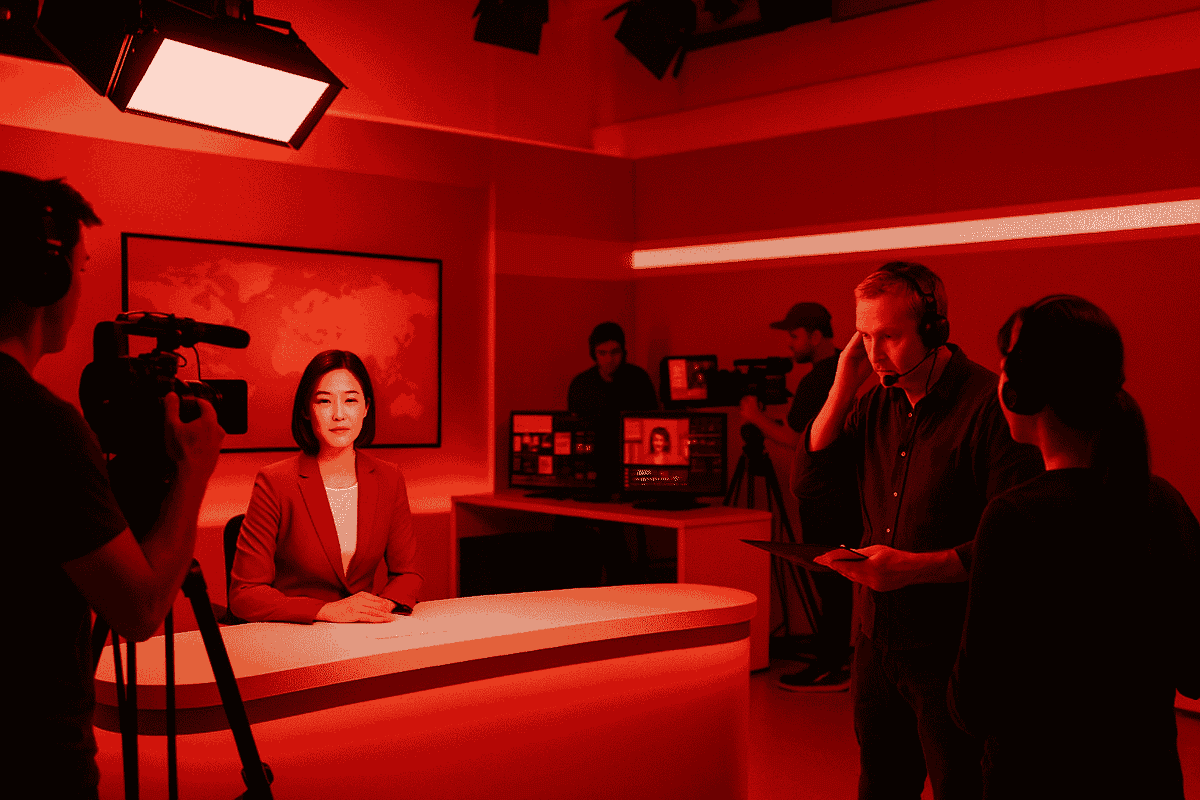 Korean news anchor sits at red-lit studio desk while production crew works behind her with monitors and cameras.