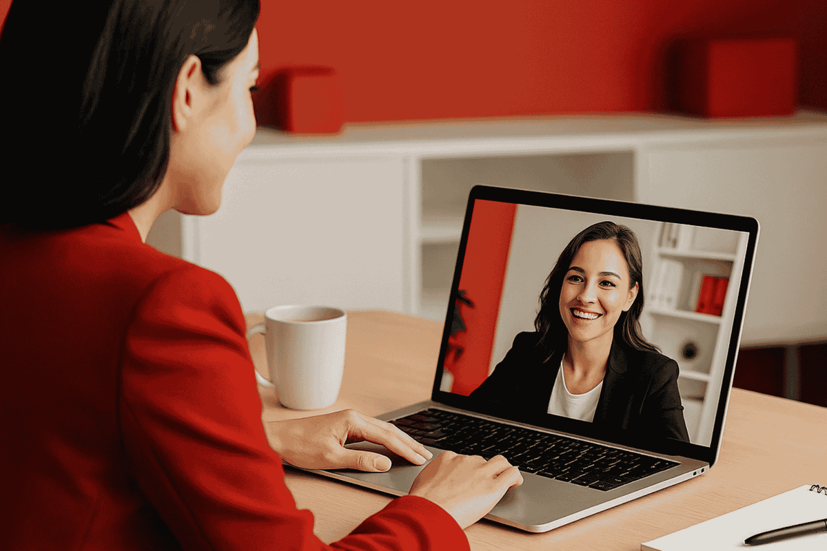 Woman in red blazer video calls a smiling sales rep on her laptop in a red-accented home office setting.
